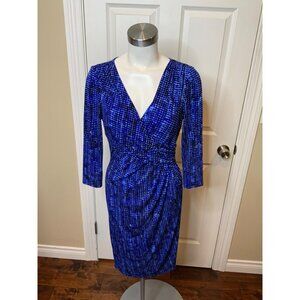 Lauren Ralph Lauren Blue & Black Patterned V-Neck Gathered Sheath Dress, Size 6